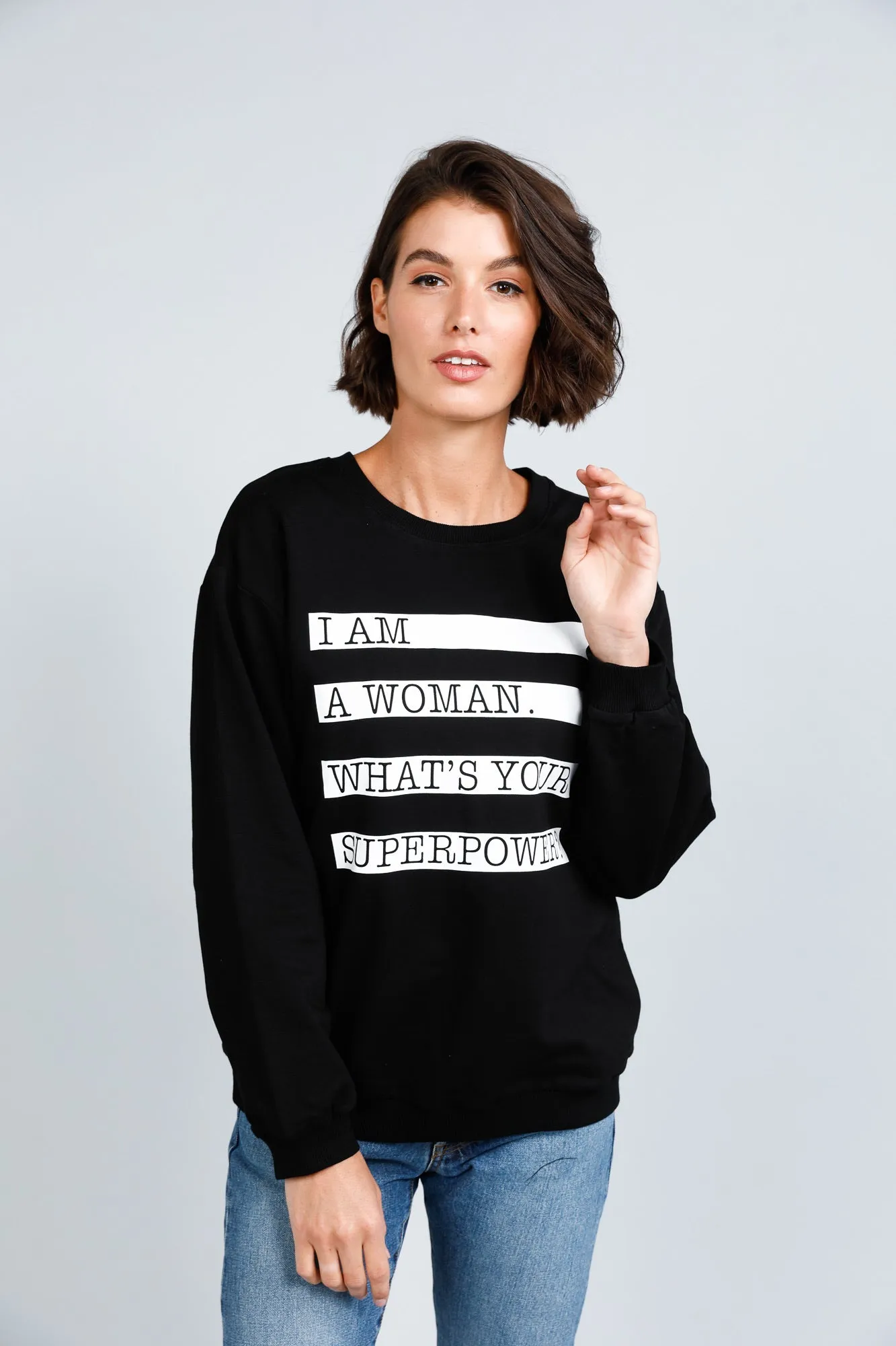 HENLEY SWEATSHIRT BLACK - I AM WOMAN - FINAL CLEARANCE