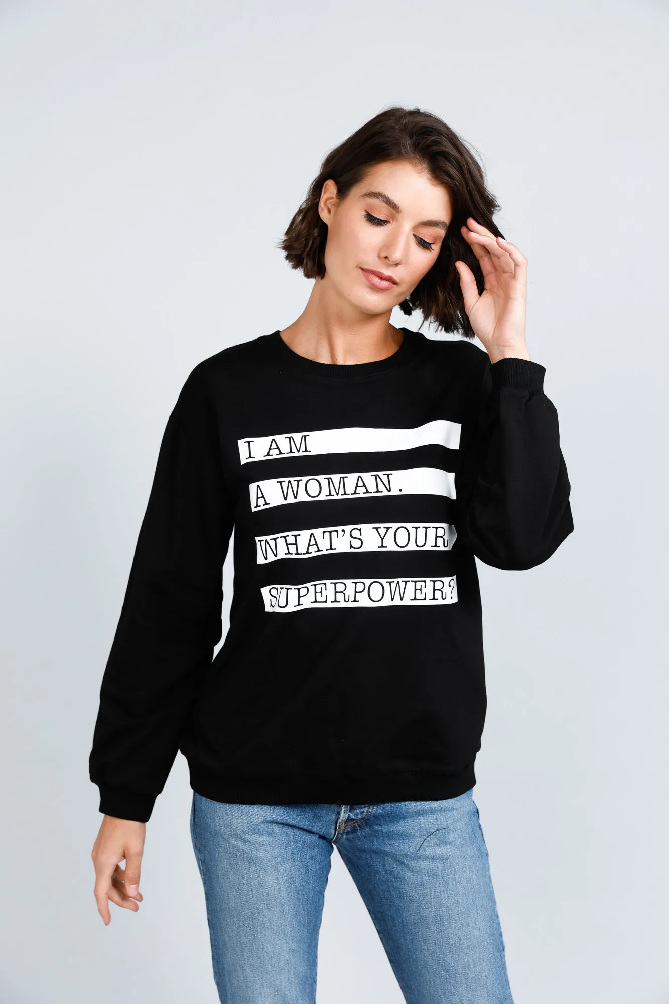 HENLEY SWEATSHIRT BLACK - I AM WOMAN - FINAL CLEARANCE